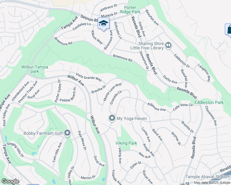 map of restaurants, bars, coffee shops, grocery stores, and more near 18931 Granada Circle in Los Angeles