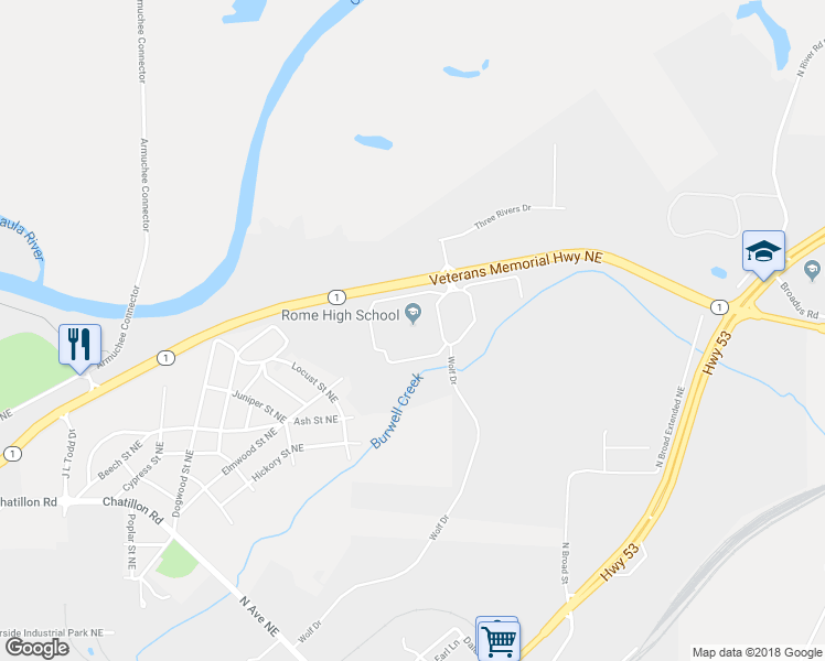 map of restaurants, bars, coffee shops, grocery stores, and more near 1000 Veterans Memorial Highway Northeast in Rome