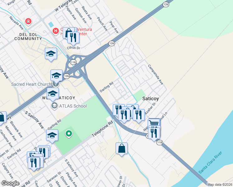 map of restaurants, bars, coffee shops, grocery stores, and more near 963 Jonquill Avenue in Ventura