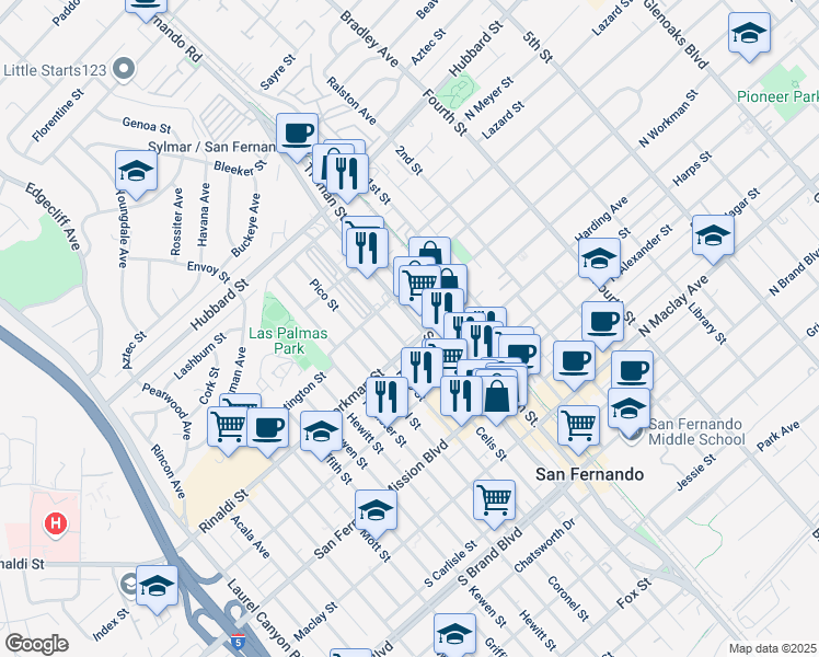 map of restaurants, bars, coffee shops, grocery stores, and more near in San Fernando