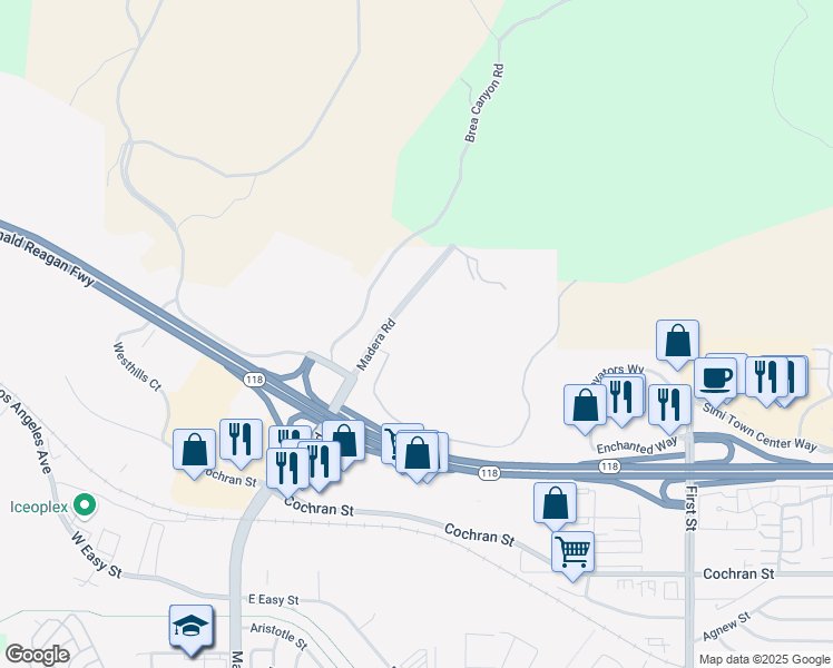 map of restaurants, bars, coffee shops, grocery stores, and more near 2900 Madera Road in Simi Valley