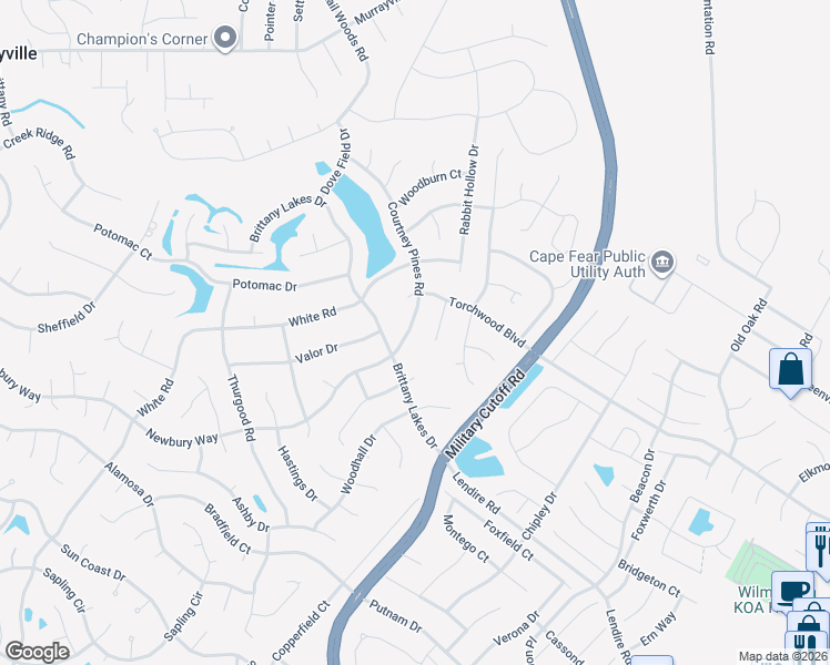 map of restaurants, bars, coffee shops, grocery stores, and more near 7452 Courtney Pines Road in Wilmington