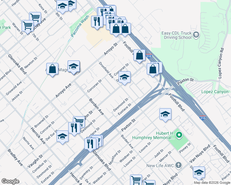 map of restaurants, bars, coffee shops, grocery stores, and more near 12974 Vaughn Street in San Fernando