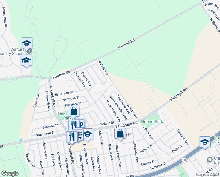 map of restaurants, bars, coffee shops, grocery stores, and more near 8262 Loma Vista Road in Ventura