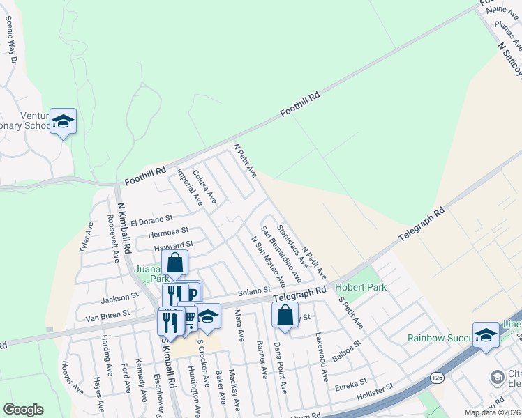 map of restaurants, bars, coffee shops, grocery stores, and more near 8262 Loma Vista Road in Ventura