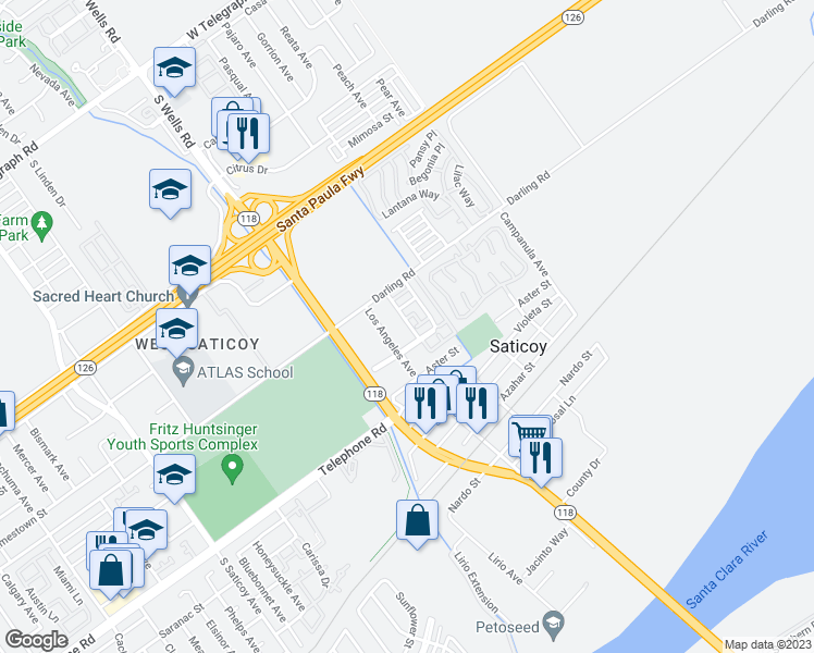 map of restaurants, bars, coffee shops, grocery stores, and more near 11139 Snapdragon Street in Ventura
