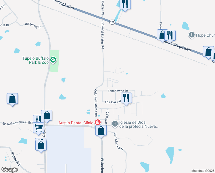 map of restaurants, bars, coffee shops, grocery stores, and more near Springfield Drive in Tupelo