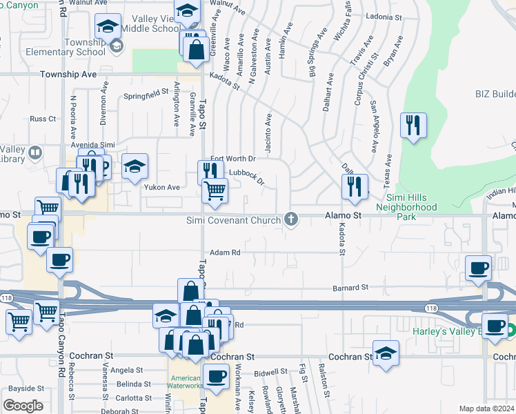 map of restaurants, bars, coffee shops, grocery stores, and more near 4581 Alamo Street in Simi Valley