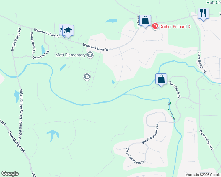 map of restaurants, bars, coffee shops, grocery stores, and more near 7610 Tatum Woods Drive in Cumming