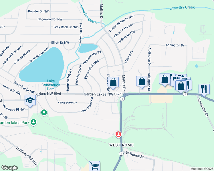 map of restaurants, bars, coffee shops, grocery stores, and more near 117 Elliott Drive Northwest in Rome