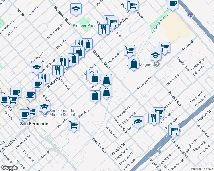 map of restaurants, bars, coffee shops, grocery stores, and more near 710 Jessie Street in San Fernando