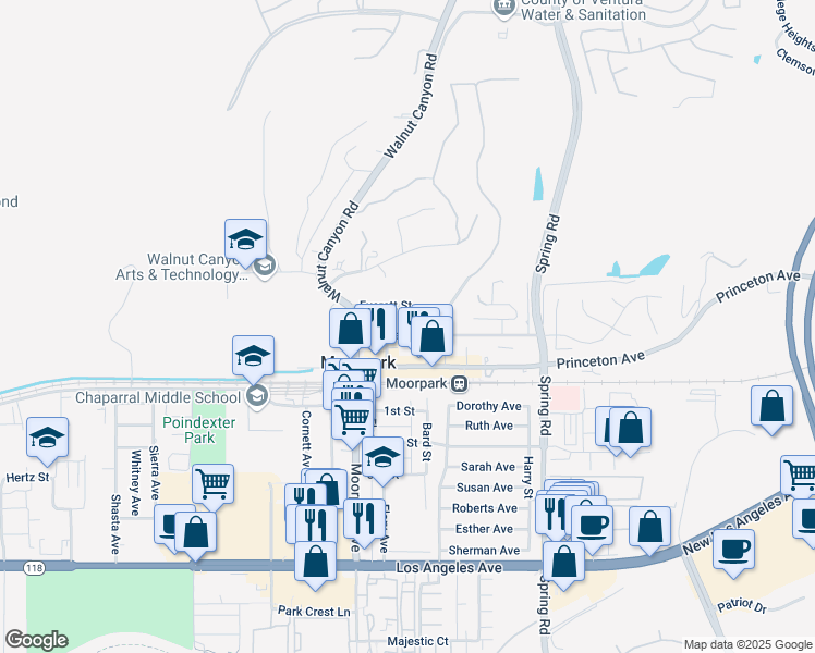 map of restaurants, bars, coffee shops, grocery stores, and more near 196 Everett Street in Moorpark