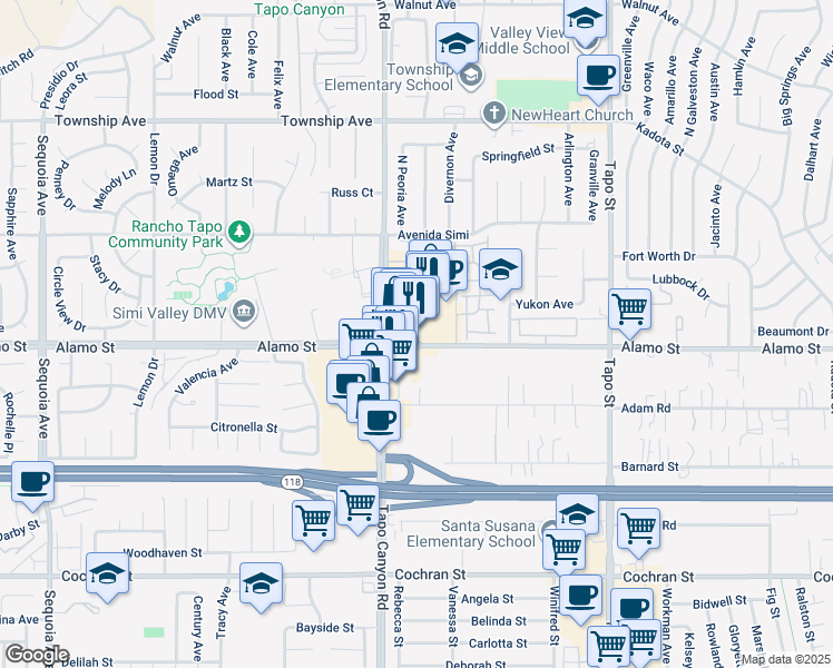 map of restaurants, bars, coffee shops, grocery stores, and more near 2902 Tapo Canyon Road in Simi Valley