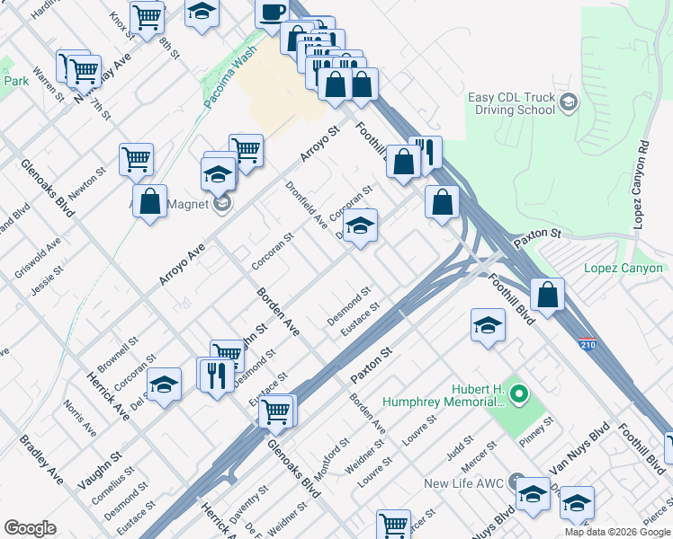 map of restaurants, bars, coffee shops, grocery stores, and more near 12974 Vaughn Street in San Fernando