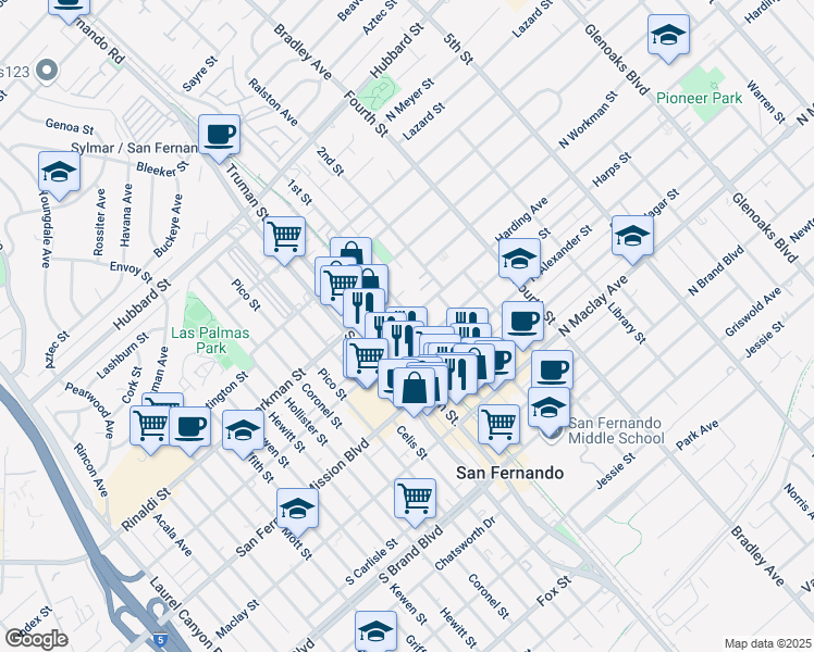 map of restaurants, bars, coffee shops, grocery stores, and more near 1416 1st Street in San Fernando