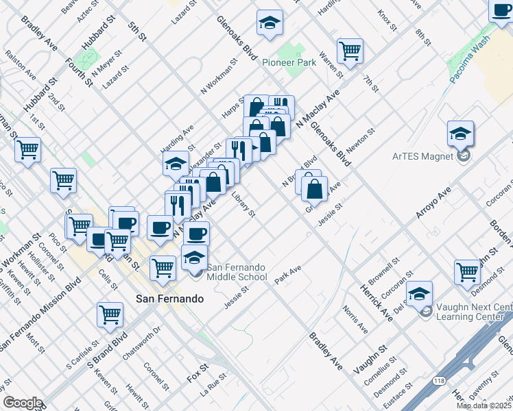 map of restaurants, bars, coffee shops, grocery stores, and more near 902 Morningside Court in San Fernando