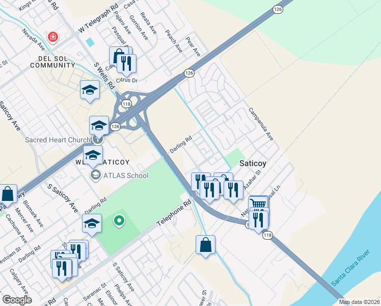map of restaurants, bars, coffee shops, grocery stores, and more near 963 Jonquill Avenue in Ventura