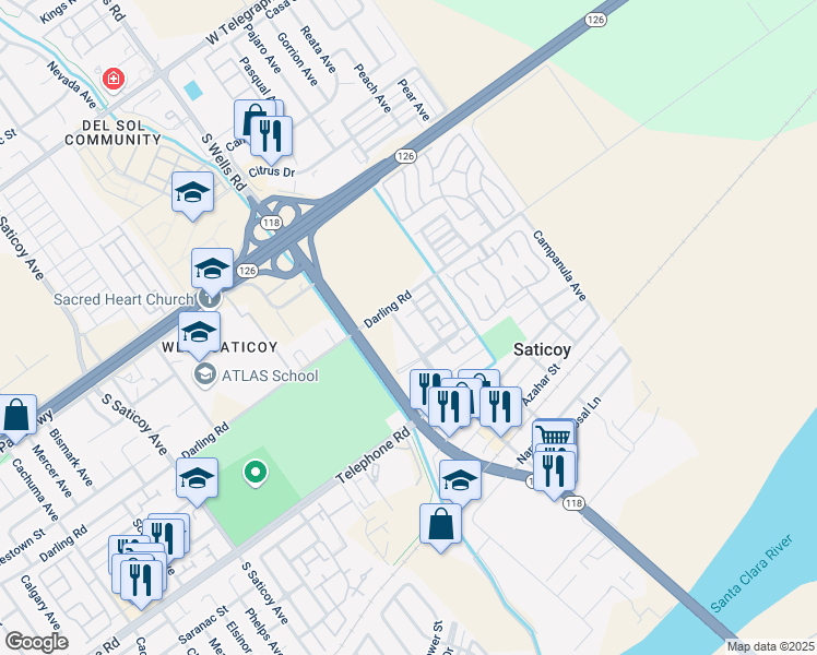 map of restaurants, bars, coffee shops, grocery stores, and more near 992 Los Angeles Avenue in Ventura