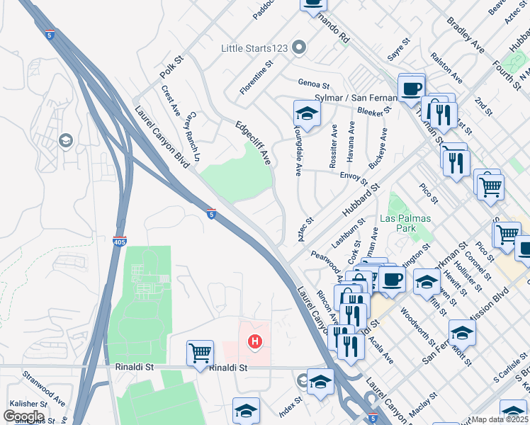 map of restaurants, bars, coffee shops, grocery stores, and more near 15027 Briarhill Drive in Los Angeles