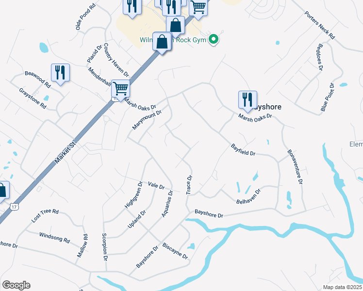 map of restaurants, bars, coffee shops, grocery stores, and more near 615 Southerland Farm Drive in Wilmington