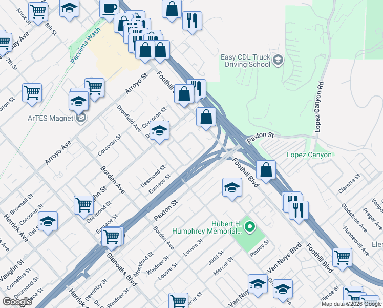 map of restaurants, bars, coffee shops, grocery stores, and more near 11924 Bromont Avenue in Los Angeles