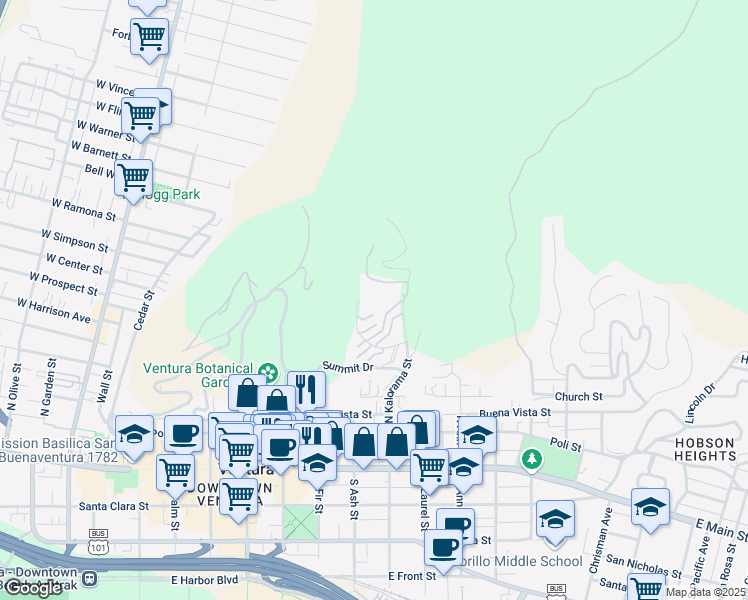 map of restaurants, bars, coffee shops, grocery stores, and more near 530 Kalorama Drive in Ventura