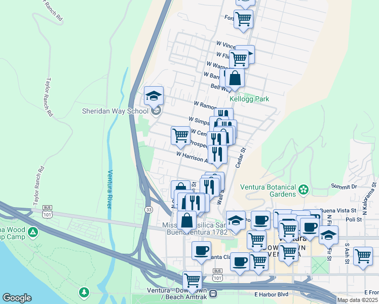 map of restaurants, bars, coffee shops, grocery stores, and more near 167 West Harrison Avenue in Ventura