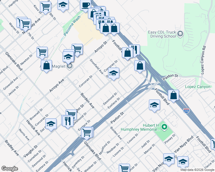 map of restaurants, bars, coffee shops, grocery stores, and more near 12968 Vaughn Street in San Fernando