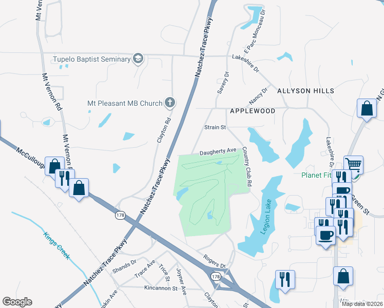 map of restaurants, bars, coffee shops, grocery stores, and more near 2198 Daugherty Avenue in Tupelo
