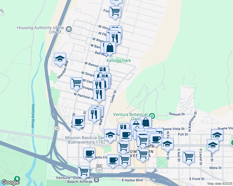 map of restaurants, bars, coffee shops, grocery stores, and more near 496 Cedar Street in Ventura
