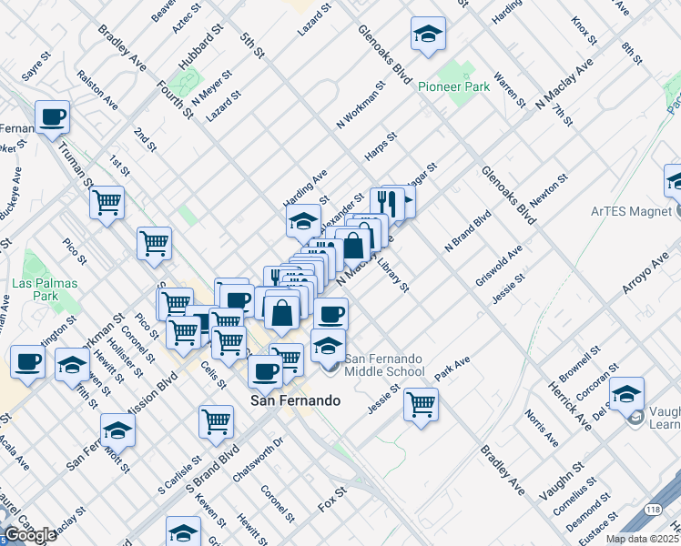 map of restaurants, bars, coffee shops, grocery stores, and more near 405 North Maclay Avenue in San Fernando