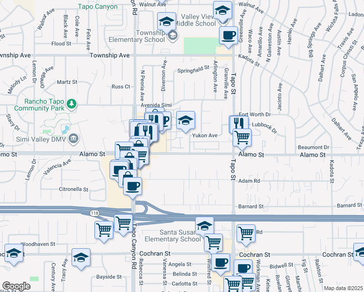map of restaurants, bars, coffee shops, grocery stores, and more near 2861 Fairbanks Avenue in Simi Valley