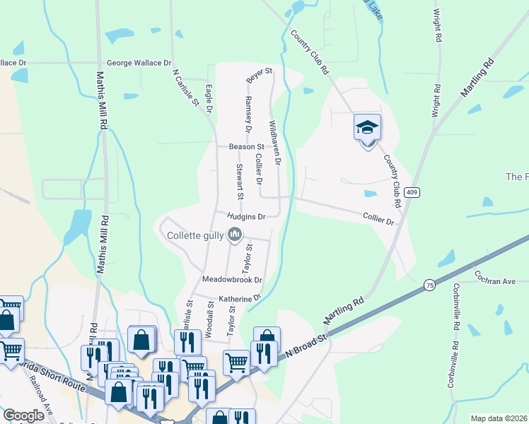 map of restaurants, bars, coffee shops, grocery stores, and more near 107 Hudgins Drive in Albertville