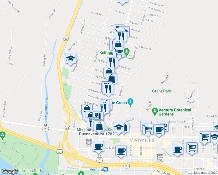 map of restaurants, bars, coffee shops, grocery stores, and more near 459 North Ventura Avenue in Ventura