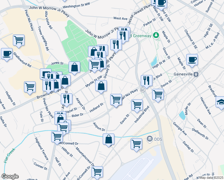 map of restaurants, bars, coffee shops, grocery stores, and more near 759 Cleveland Street in Gainesville