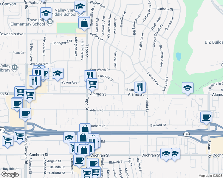 map of restaurants, bars, coffee shops, grocery stores, and more near 4581 Alamo Street in Simi Valley