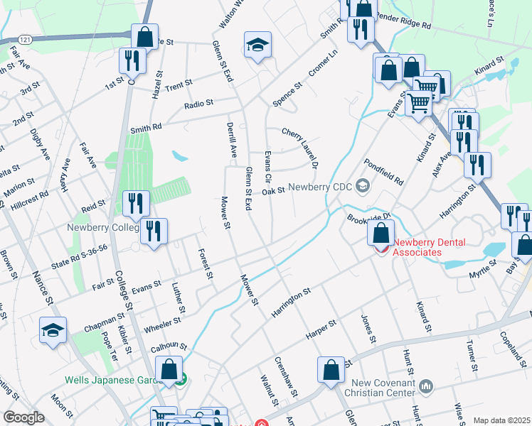 map of restaurants, bars, coffee shops, grocery stores, and more near 2022 Evans Circle in Newberry