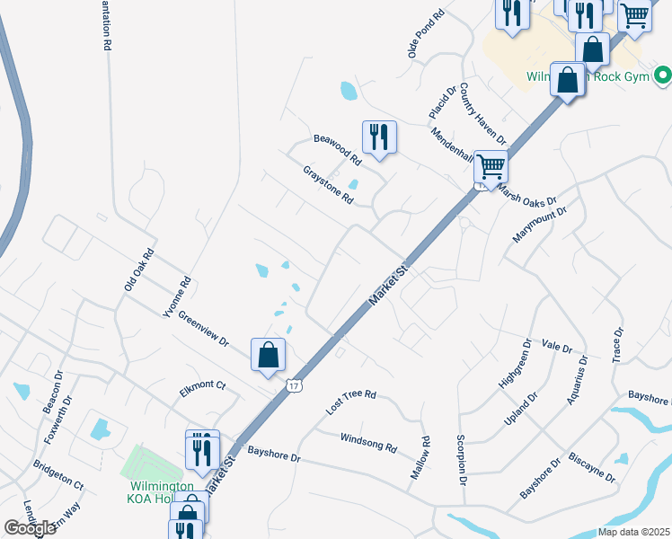 map of restaurants, bars, coffee shops, grocery stores, and more near 7798 Alexander Road in Wilmington