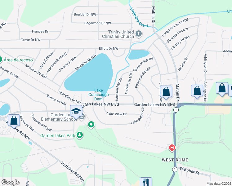 map of restaurants, bars, coffee shops, grocery stores, and more near 101 Harrison Northwest Road in Rome