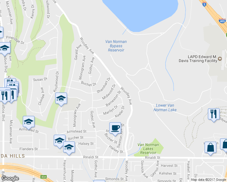 map of restaurants, bars, coffee shops, grocery stores, and more near 16300 Midwood Drive in Los Angeles