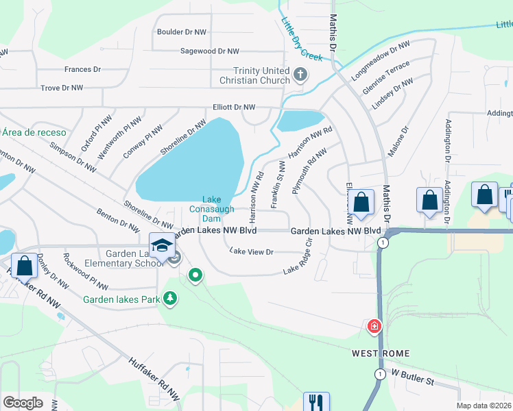 map of restaurants, bars, coffee shops, grocery stores, and more near 101 Harrison Northwest Road in Rome