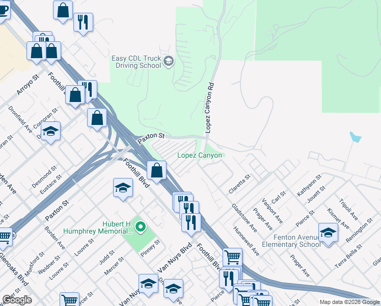map of restaurants, bars, coffee shops, grocery stores, and more near 12401 Filmore Street in Los Angeles County