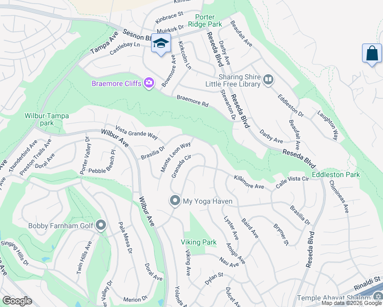 map of restaurants, bars, coffee shops, grocery stores, and more near 18923 Granada Circle in Los Angeles