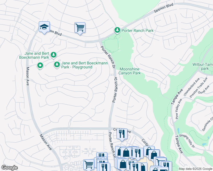 map of restaurants, bars, coffee shops, grocery stores, and more near 20043 Mersey Lane in Los Angeles