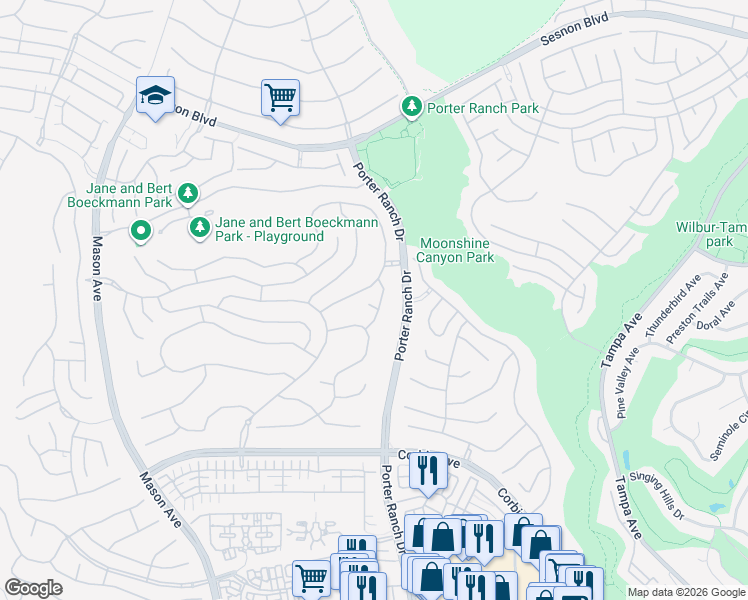 map of restaurants, bars, coffee shops, grocery stores, and more near 20043 Mersey Lane in Los Angeles
