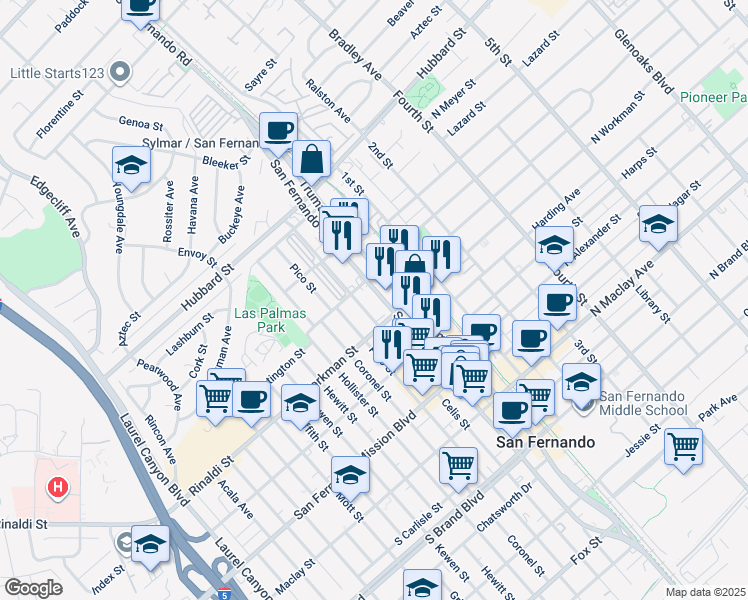 map of restaurants, bars, coffee shops, grocery stores, and more near 1426 San Fernando Road in San Fernando