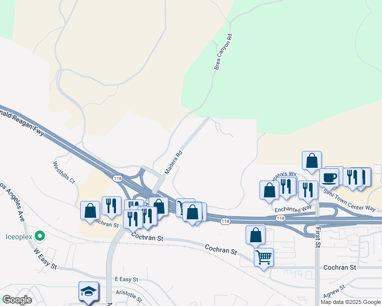 map of restaurants, bars, coffee shops, grocery stores, and more near 2900 Madera Road in Simi Valley