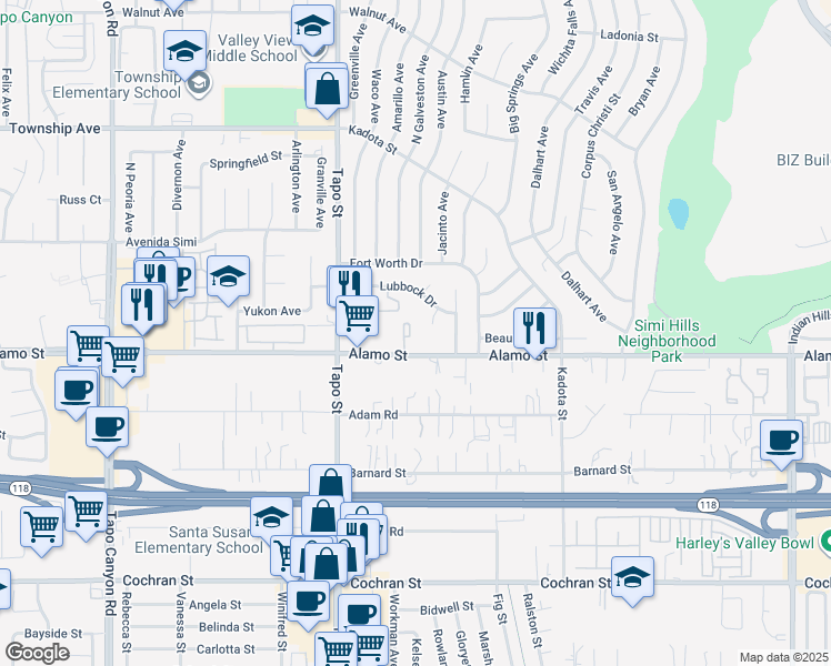 map of restaurants, bars, coffee shops, grocery stores, and more near 4581 Alamo Street in Simi Valley