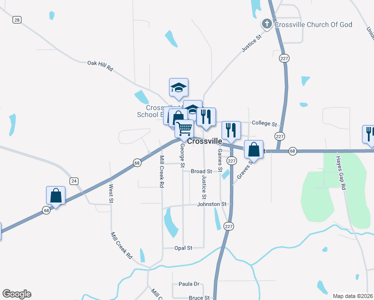 map of restaurants, bars, coffee shops, grocery stores, and more near 14697 Alabama 68 in Crossville