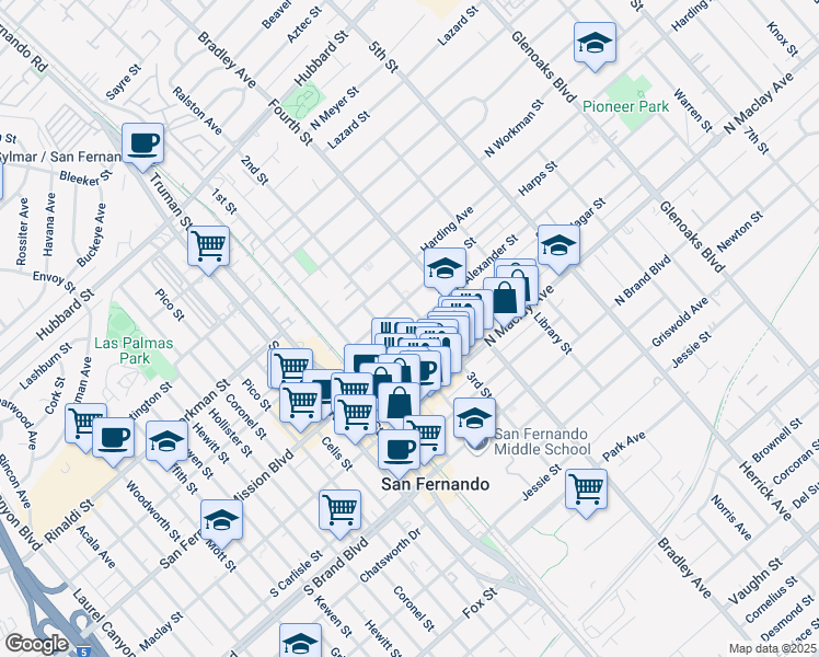 map of restaurants, bars, coffee shops, grocery stores, and more near 219 North Alexander Street in San Fernando